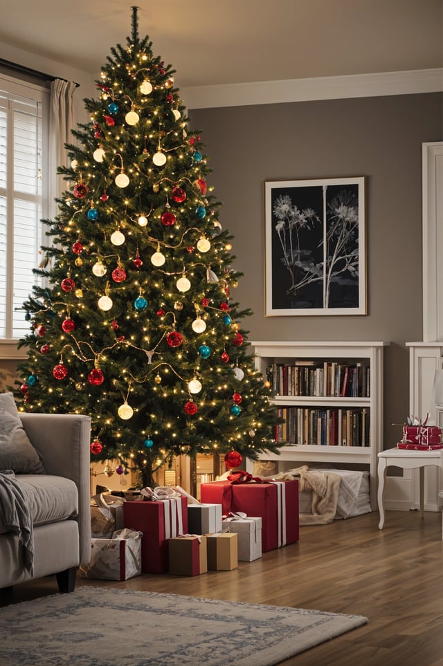 A Christmas tree with presents underneath it in a living room.