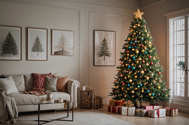 A Christmas tree in a living room with a couch and a coffee table. The tree is decorated with ornaments and lights, creating a festive atmosphere.
