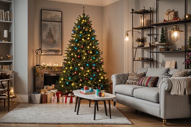 A Christmas tree in a living room with a couch and a coffee table in front of it. The tree is decorated with blue lights and presents underneath it.