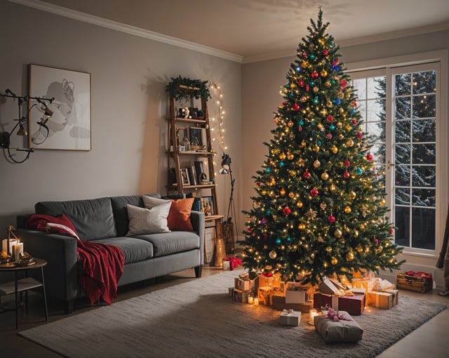 A Christmas tree in a living room with a couch and a bookshelf. The tree is decorated with ornaments and lights. The room also has a window that allows natural light to enter the space.