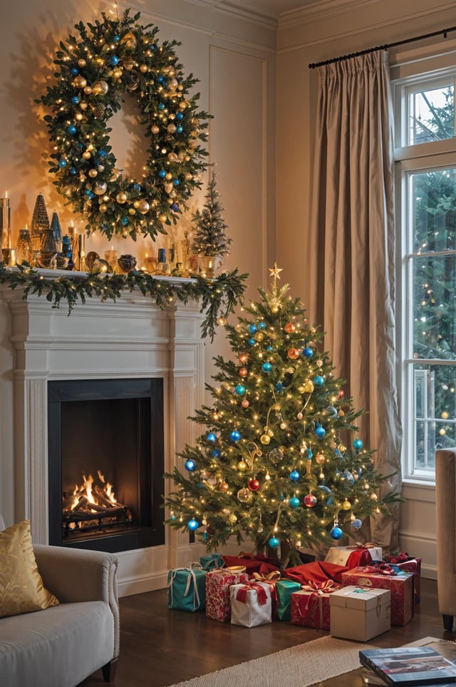 A Christmas tree with ornaments and lights in a living room with a fireplace.
