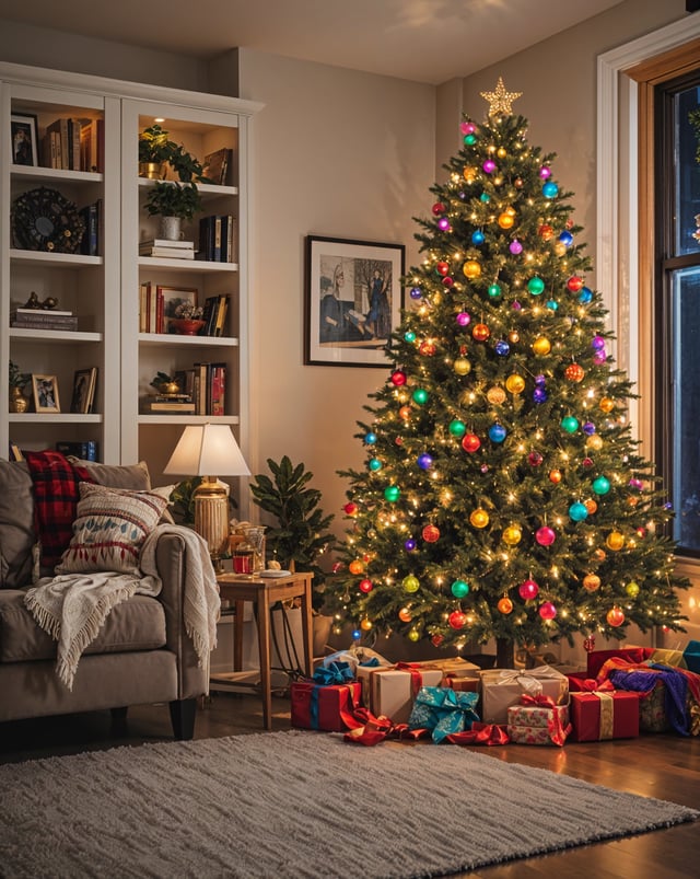 A Christmas tree with colorful ornaments and presents underneath it.