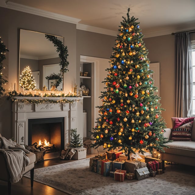 A Christmas tree in a living room with a fireplace and a couch. The tree is decorated with colorful lights and ornaments, creating a festive atmosphere.