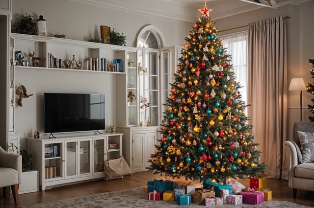 A Christmas tree with presents and ornaments in a living room.