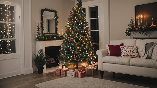 A Christmas tree with presents underneath it in a cozy living room.