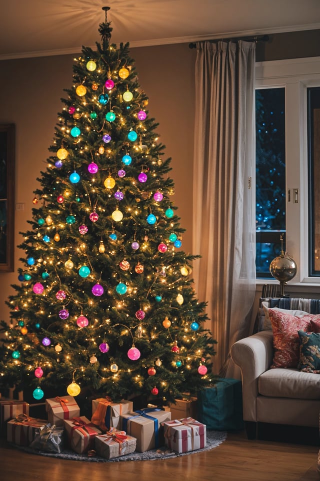 A Christmas tree with colorful lights and ornaments in a living room.