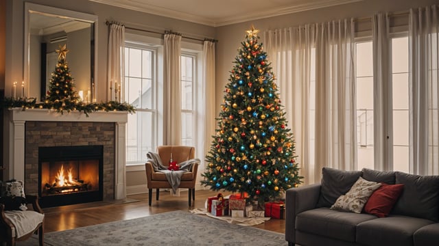 A Christmas tree in a living room with a fireplace and a couch. The tree is decorated with ornaments and lights, creating a warm and festive atmosphere.