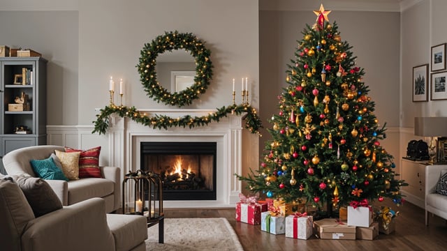 A Christmas tree in a living room with a fireplace and presents.