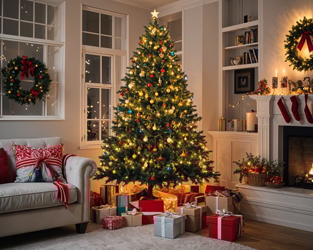 A Christmas tree in a living room with presents and decorations.