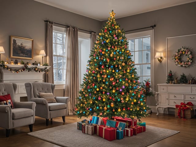 A Christmas tree with presents underneath it in a living room.