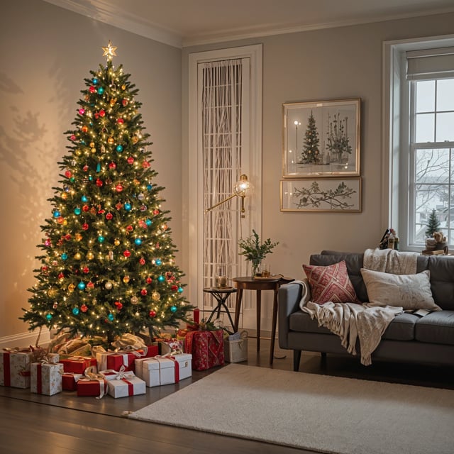 A Christmas tree in a living room with a couch and presents. The tree is decorated with colorful lights and ornaments.