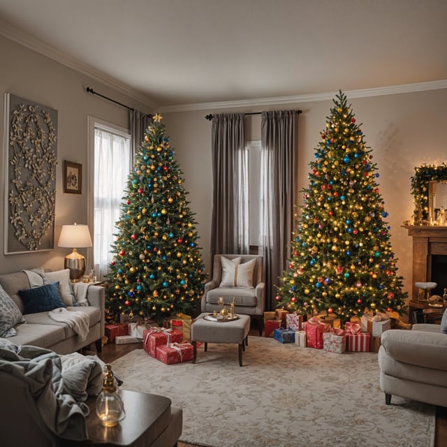 A living room with two Christmas trees and a fireplace. The room is decorated with ornaments and presents.