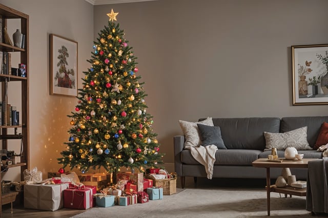 A Christmas tree with presents underneath it in a living room. The tree is decorated with ornaments and lights, creating a festive atmosphere.