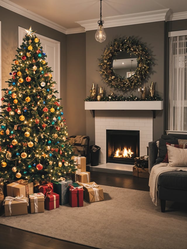 A Christmas tree in a living room with presents underneath it, a fireplace with a fire going, and a mirror above it. The room is decorated with a white mantle and a wreath. The room also has a couch and a chair.