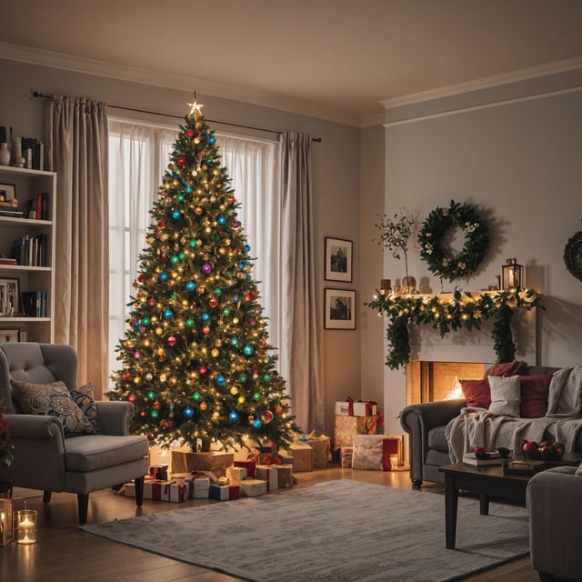 A Christmas tree in a living room with a fireplace and presents. The tree is decorated with colorful lights and is positioned in front of a window.
