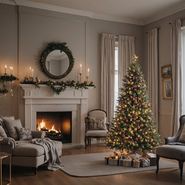 A Christmas tree in a living room with a fireplace and furniture.