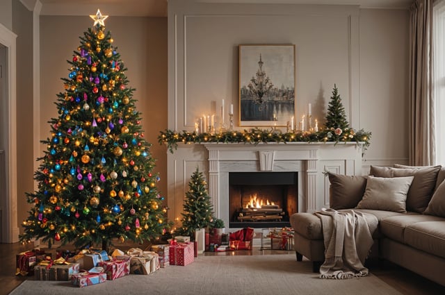 A living room with a fireplace, Christmas tree, candles, and presents.