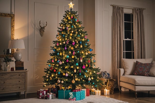 A Christmas tree with colorful ornaments and presents underneath it, in a cozy living room setting.