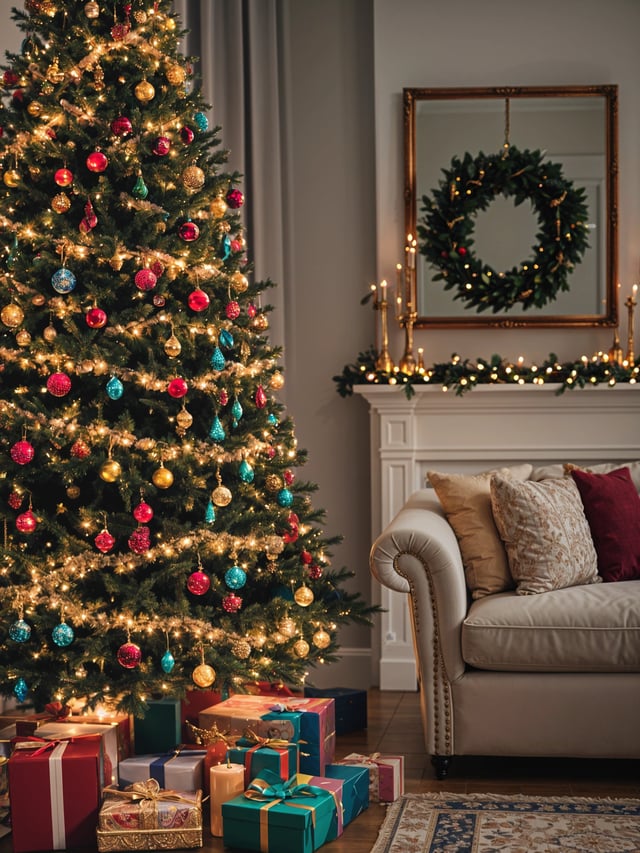 A Christmas tree with ornaments and lights in front of a white couch and pillows.