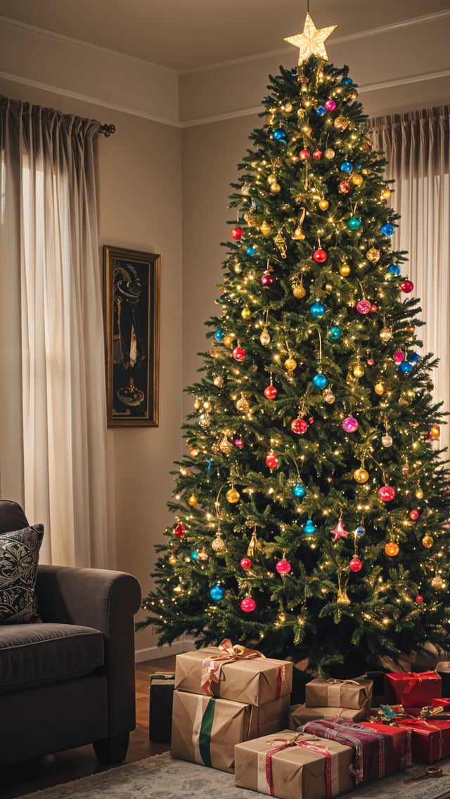A Christmas tree with colorful ornaments and lights, placed in a corner of a room.