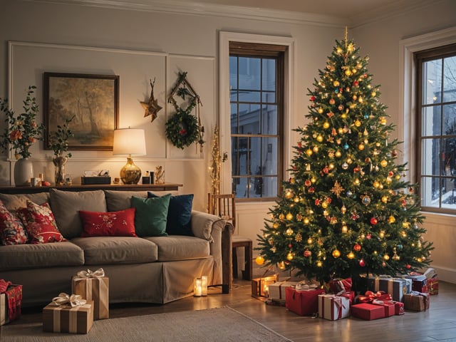 A Christmas tree in a living room with presents and candles. The tree is lit up and sits in front of a window.