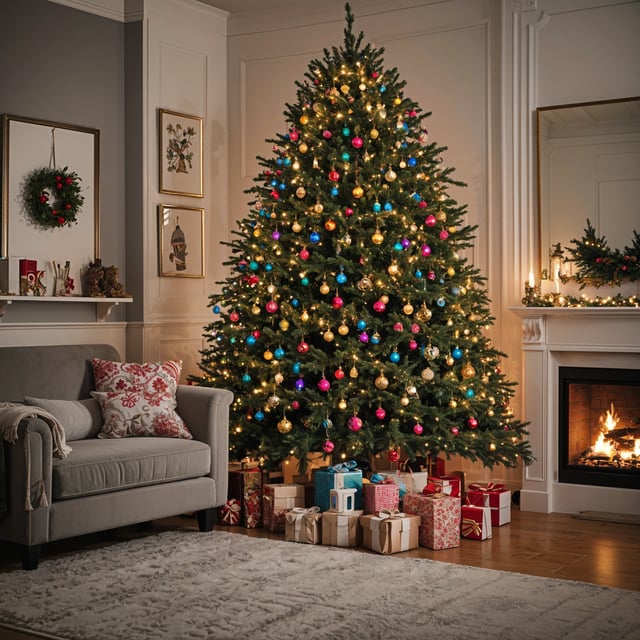 A Christmas tree with colorful ornaments and presents underneath it in a living room.