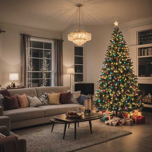 A living room with a Christmas tree, a couch, a coffee table, and a chandelier. The room is decorated for the holiday season with a beautifully lit Christmas tree in the corner.