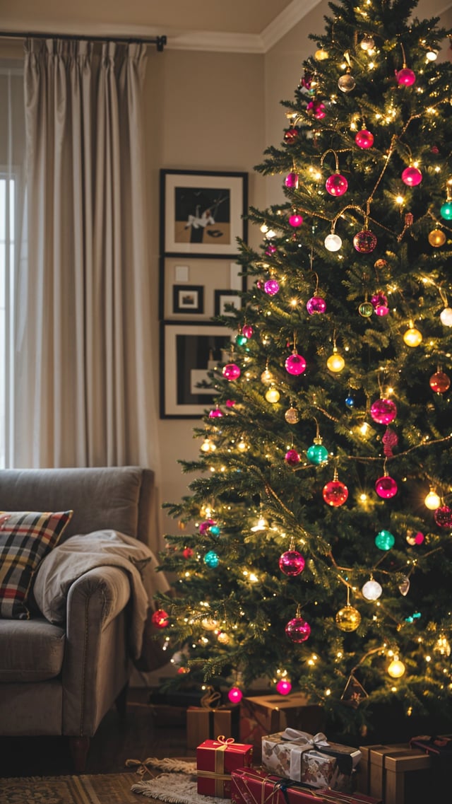 A Christmas tree with colorful ornaments and lights in front of a couch. The tree is decorated with red, blue, yellow, and pink ornaments.