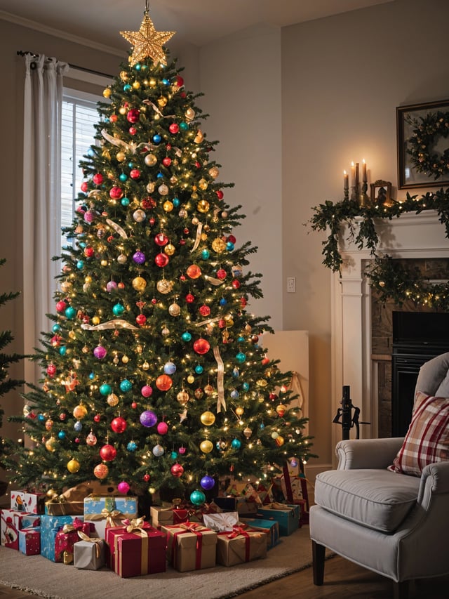 A Christmas tree with colorful ornaments and lights, placed in front of a fireplace. The tree is surrounded by presents, creating a festive atmosphere in the room.