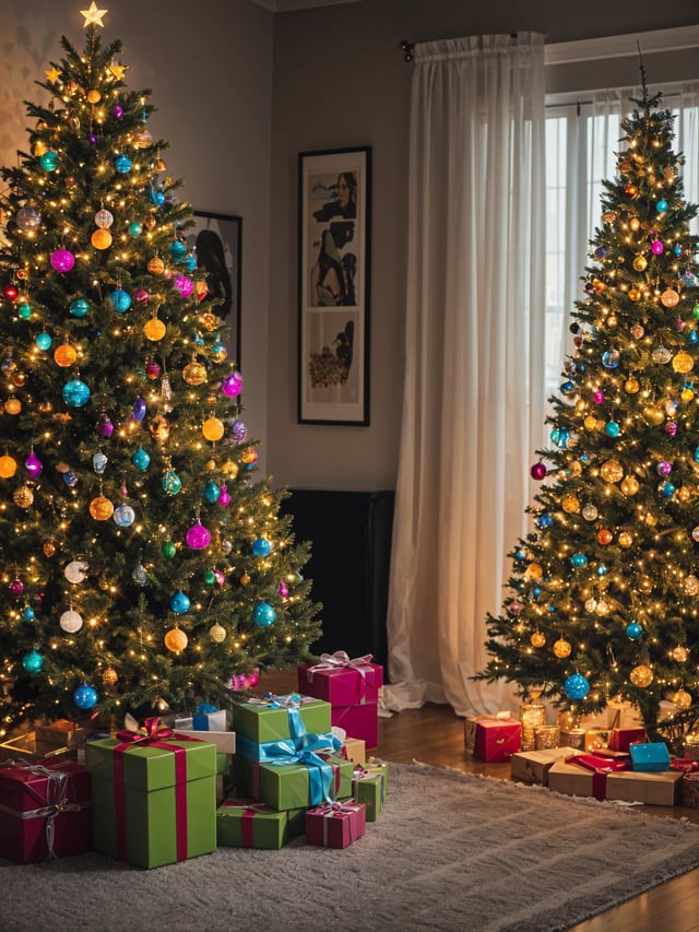 A Christmas tree with colorful ornaments and presents underneath it, placed in front of another tree. The room is decorated for the holidays and has a window that allows natural light to enter.