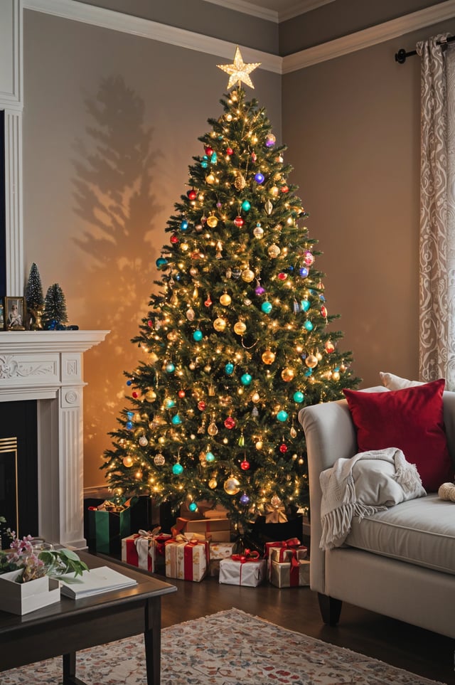 A Christmas tree in a living room with colorful lights and ornaments.