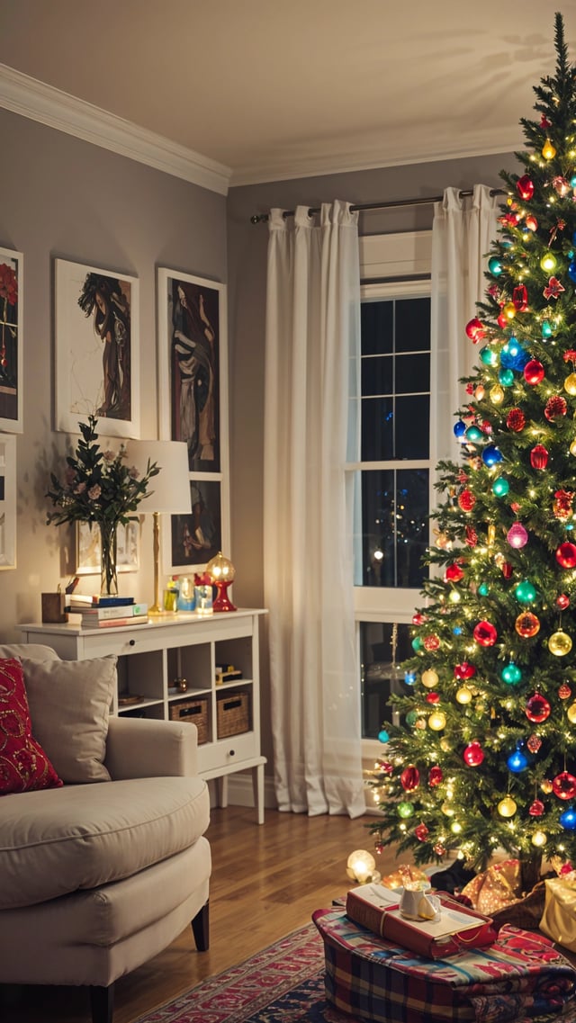 A Christmas tree in a living room, surrounded by a couch, coffee table, and bookshelf. The tree is decorated with colorful lights and ornaments.