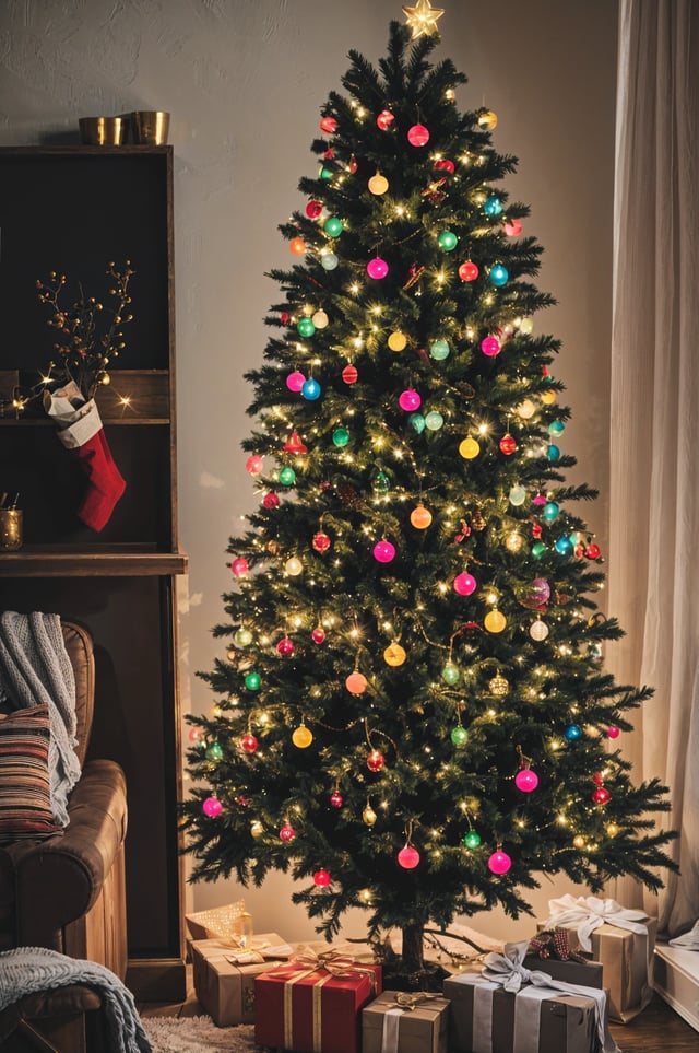 A Christmas tree with colorful lights and ornaments in a living room.