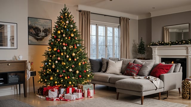 A living room with a Christmas tree and presents in front of a couch. The room is decorated with a Christmas tree and presents, creating a warm and festive atmosphere.