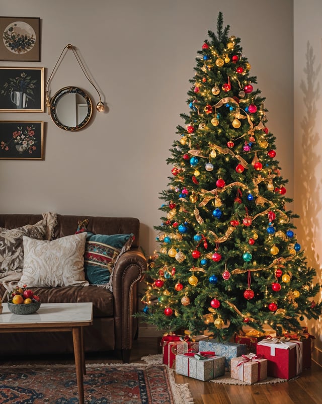 A Christmas tree with colorful ornaments and lights, sitting in a living room next to a couch. The tree is decorated with red, blue, and yellow ornaments, and is illuminated with a warm glow.
