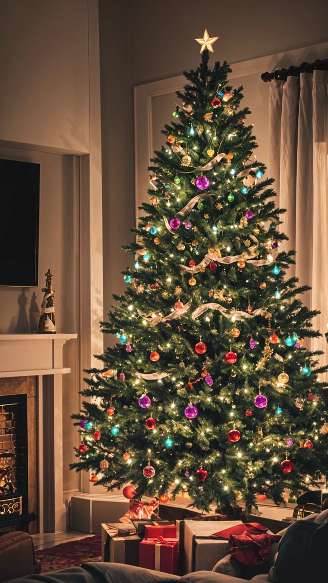 A Christmas tree with colorful lights and ornaments, placed in a room with a fireplace.
