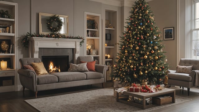 A living room with a Christmas tree and a fireplace. The room is decorated with a couch, a coffee table, and a bookshelf.