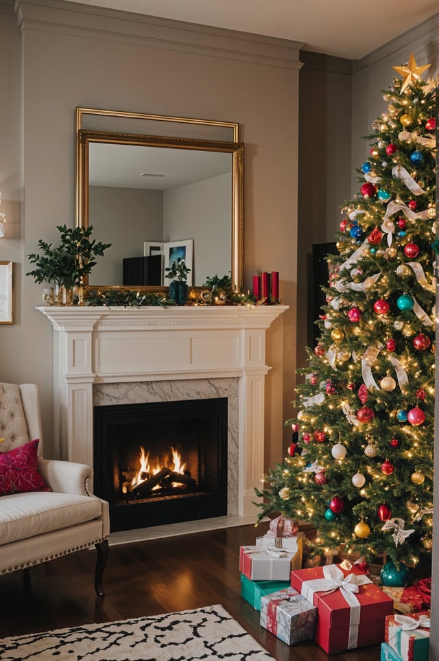 A living room with a fireplace and a Christmas tree. The room is decorated with a white mantle and a mirror above the fireplace.
