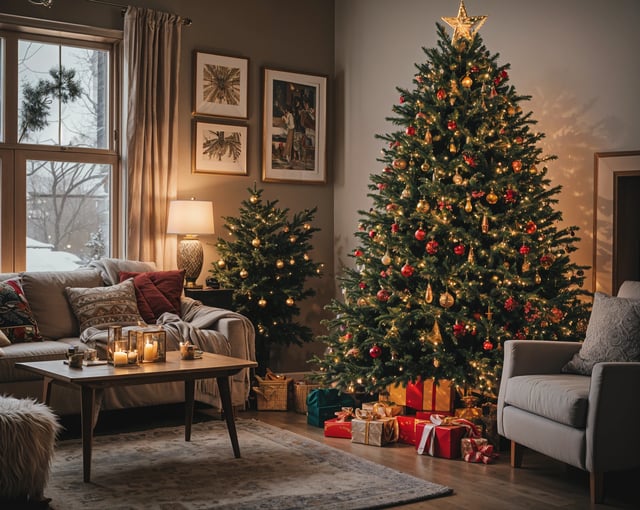 A Christmas tree in a living room with presents underneath.