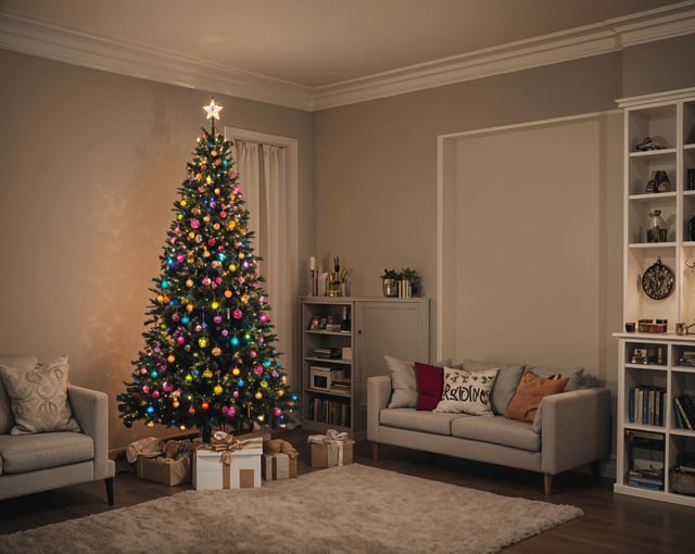 A Christmas tree in a living room with a white couch and a star on top. The tree is decorated with colorful lights and ornaments.