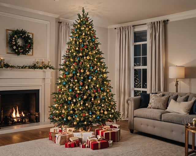 A Christmas tree with blue and red ornaments in a living room with presents underneath it.