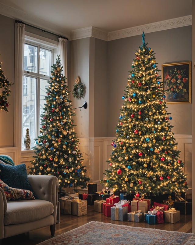 A living room with two Christmas trees and a couch. The room is decorated with presents and ornaments, creating a festive atmosphere.