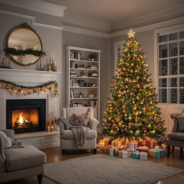 A Christmas tree in a living room with presents underneath it.