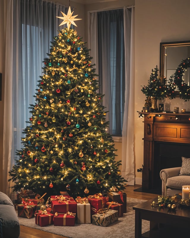 A Christmas tree with presents underneath it, surrounded by wrapping paper and ornaments.
