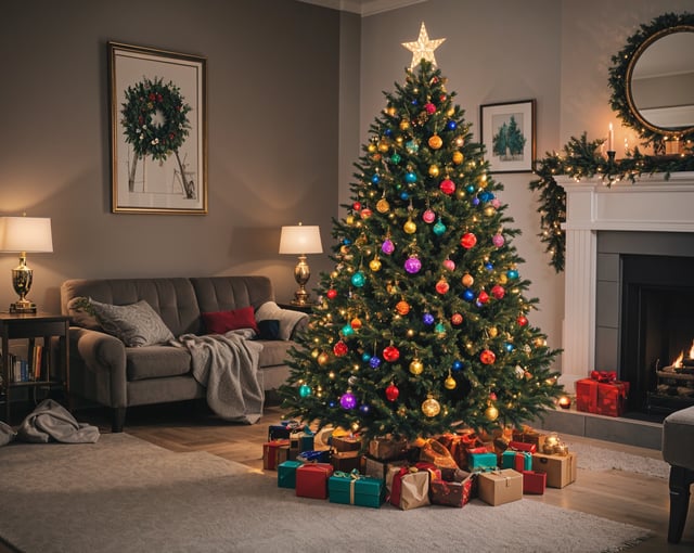 Colorful Christmas tree in a living room with presents underneath it. A fireplace in the background and a cozy couch and chair.