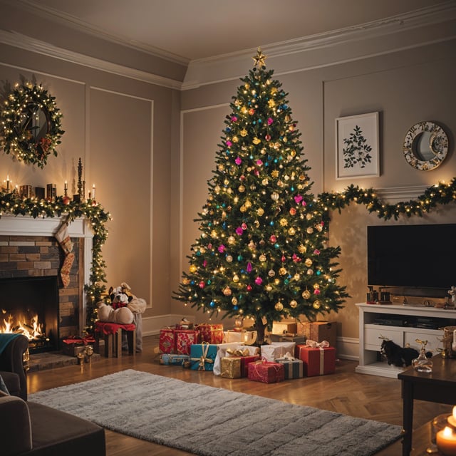 A Christmas tree in a living room with presents underneath.