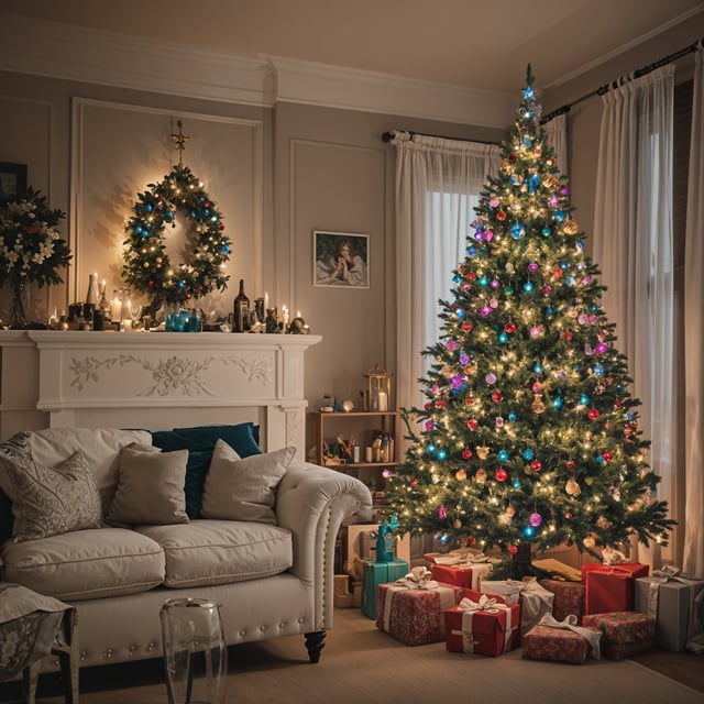 A living room with a Christmas tree and presents in front of a fireplace. The room is decorated with colorful lights and ornaments, creating a festive atmosphere. The presents are wrapped in colorful wrapping paper, adding to the holiday cheer.
