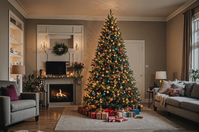 A Christmas tree in a living room with presents underneath it. The tree is covered in ornaments and lights, making it a festive centerpiece for the room.