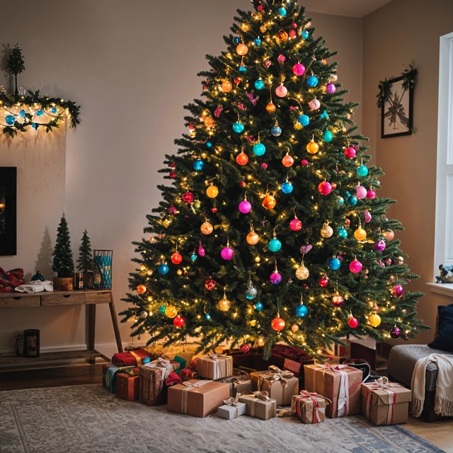 A Christmas tree with colorful ornaments and presents underneath it. The tree is decorated with blue, yellow, and red balls, and it is surrounded by a cozy living room setting.