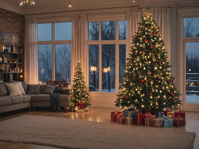 A living room with a Christmas tree and presents underneath it. The room is decorated with a couch and two windows. The Christmas tree is lit up and placed in front of the windows, creating a warm and festive atmosphere.